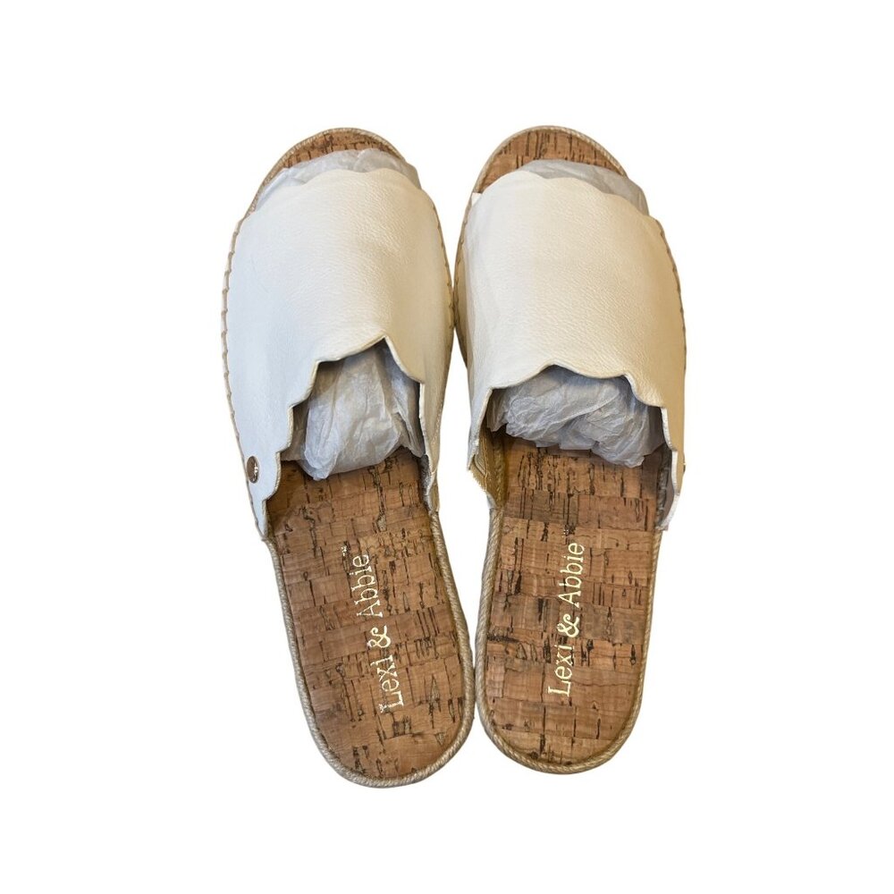 Lexi & Abbie White Vegan Leather Cork Slides Size 8 & 9 Scalloped Edge Slip-On